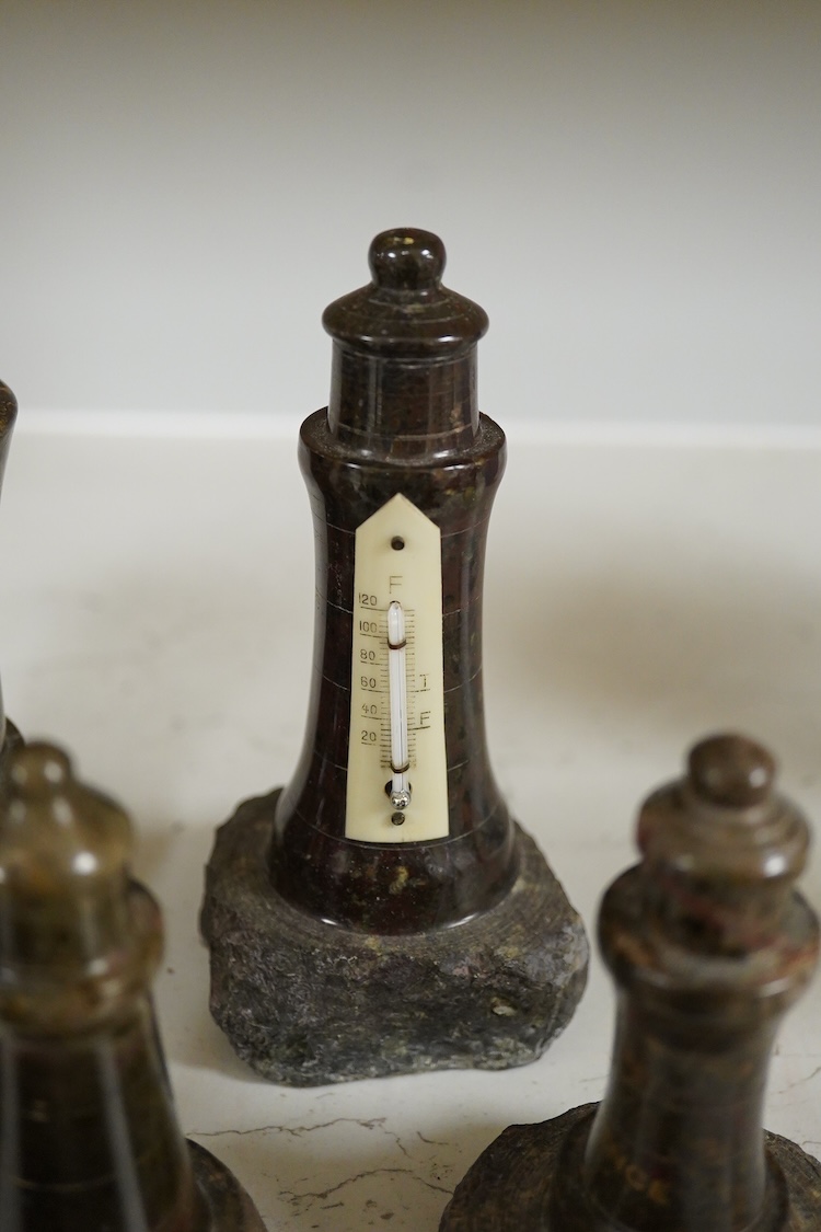 A collection of cornish serpentine to include a desk thermometer, map base and pin dish, largest 19cm high